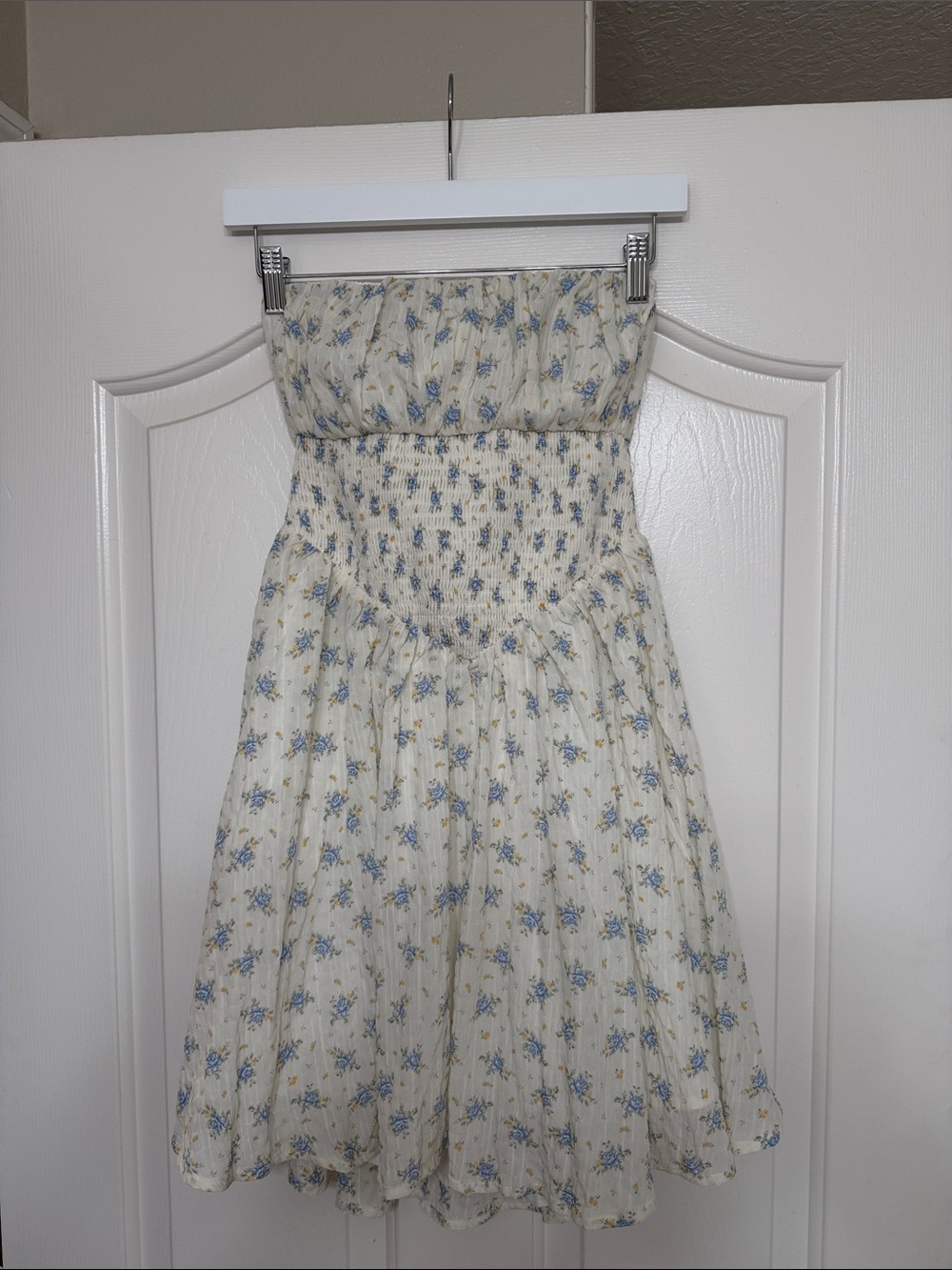 Vici Strapless Cream Dress with Blue Floral Print